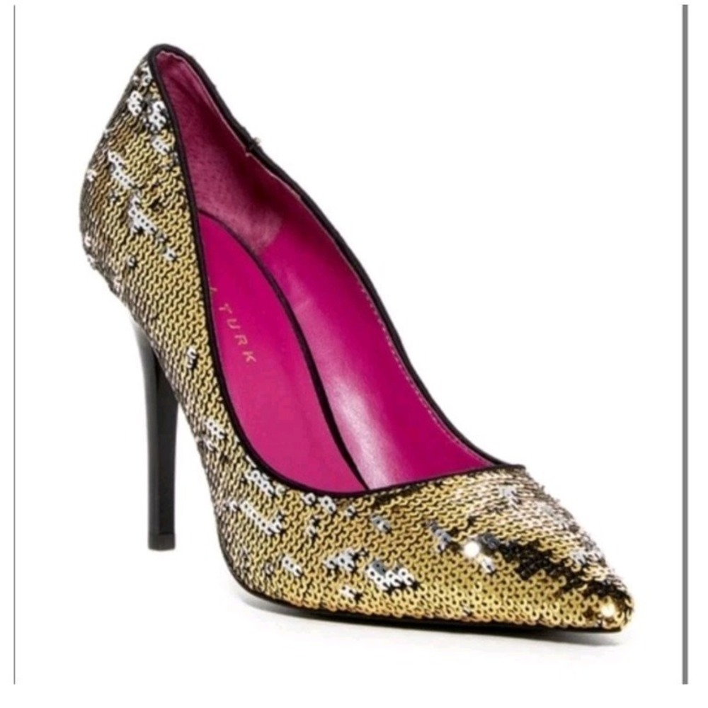 Trina Turk Gold Silver Leather Sequin Glam Party Going Out Stilettos Heels Sz 7M